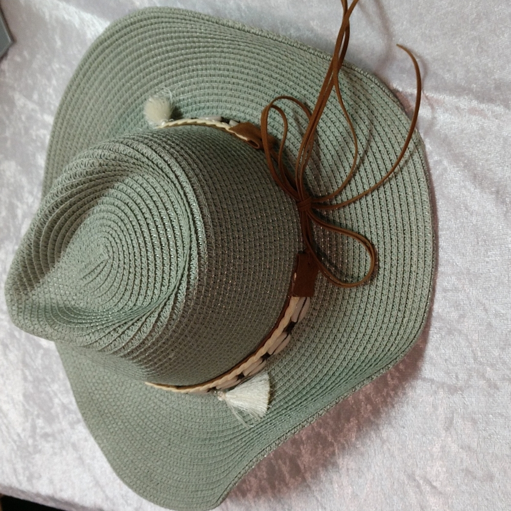 Unisex Woven Western Straw Beach Sun Hat Cowrie Cowry Shells Tassels Sage Green - Picture 3 of 15